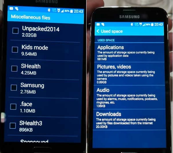 Touchwiz en Galaxy S5 almacenamiento
