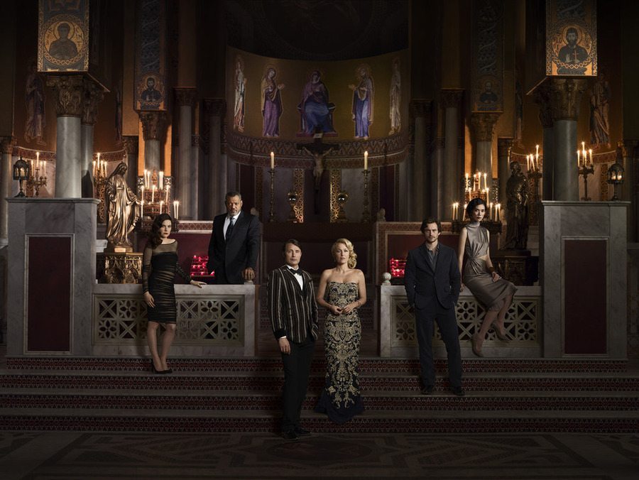 HANNIBAL -- Season: 3 -- Pictured: (l-r) Caroline Dhavernas as Alana Bloom, Laurence Fishburne as Jack Crawford, Mads Mikkelsen as Hannibal Lecter, Gillian Anderson as Bedelia Du Maurier, Hugh Dancy as Will Graham, Tao Okamoto as Chiyoh -- (Photo by: Elisabeth Caren/NBC)