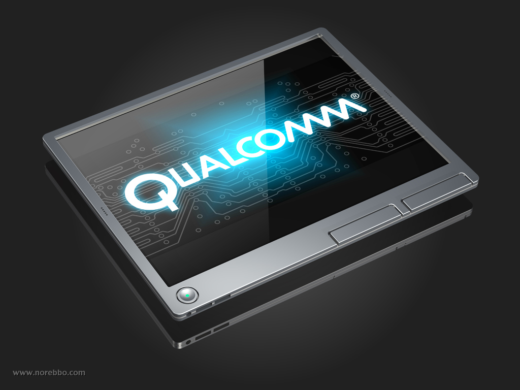 3d illustration of a glowing blue Qualcomm logo in the window of a generic tablet computer over a gray reflective surface